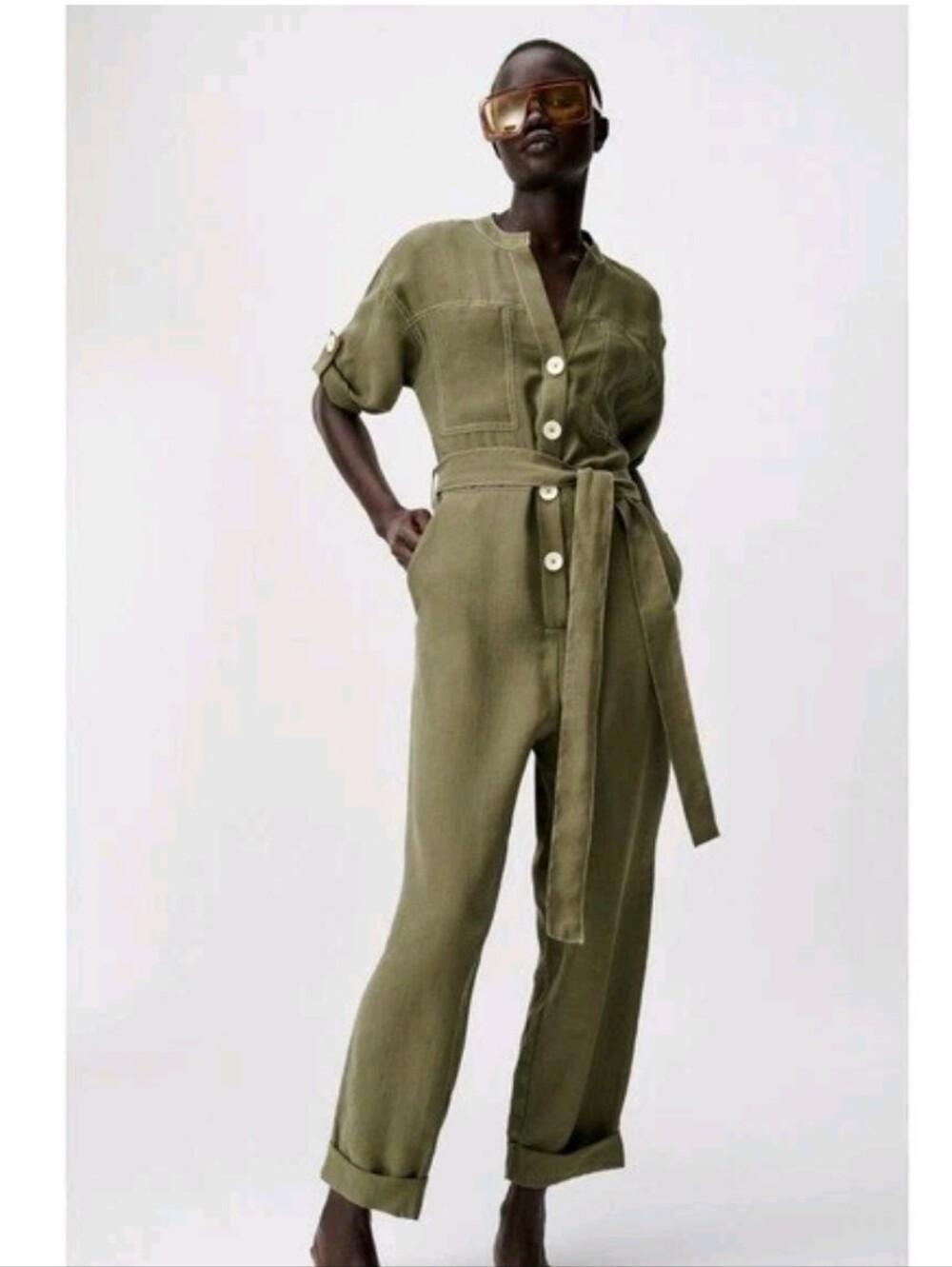 Zara Olive Green Utility Jumpsuit with Button Front And Belt Strap Relaxed Fit